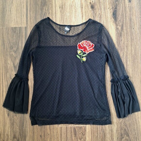 💙 Disney Coco Wide Sleeve Mesh Lined Stretchy Shirt Rose Embroidery Y2K Size S - Picture 8 of 8